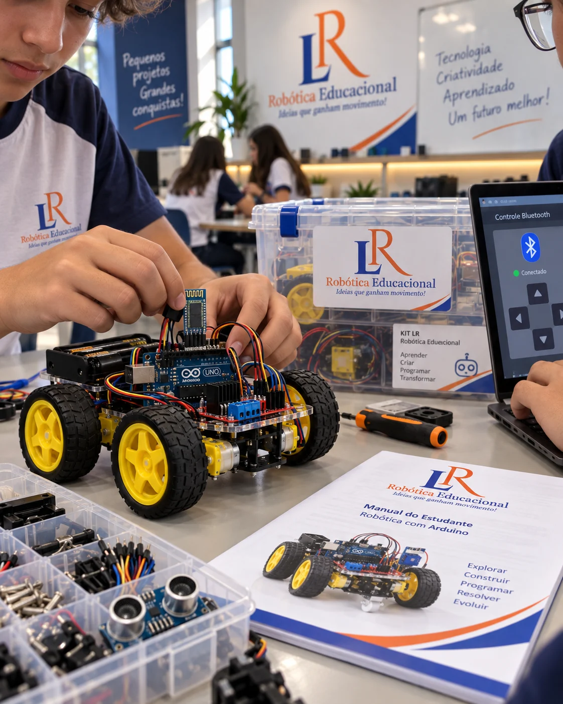 Estudantes conectando módulos eletrônicos a um robô autônomo com Arduino da LR Robótica Educacional