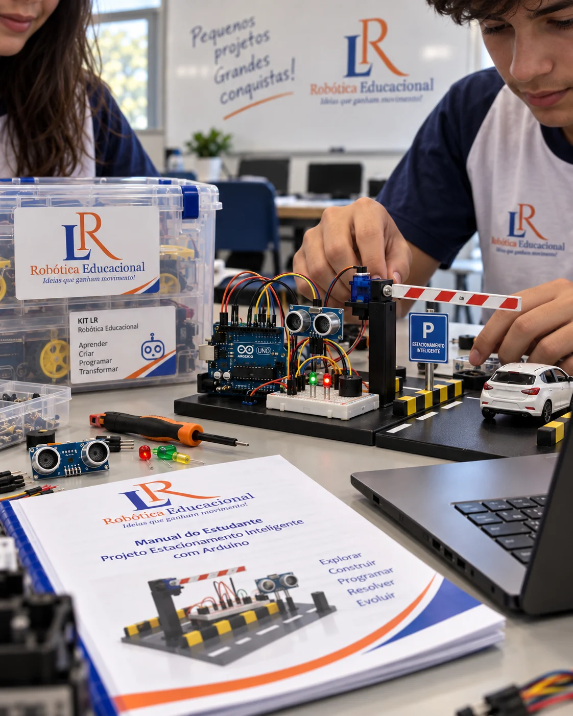 Estudantes desenvolvendo estacionamento inteligente com Arduino, sensor e cancela automatizada da LR