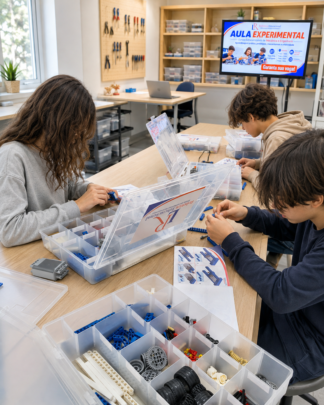 Alunos participando de uma oficina prática da LR Robótica Educacional, montando protótipos com Kits LR em uma sala equipada