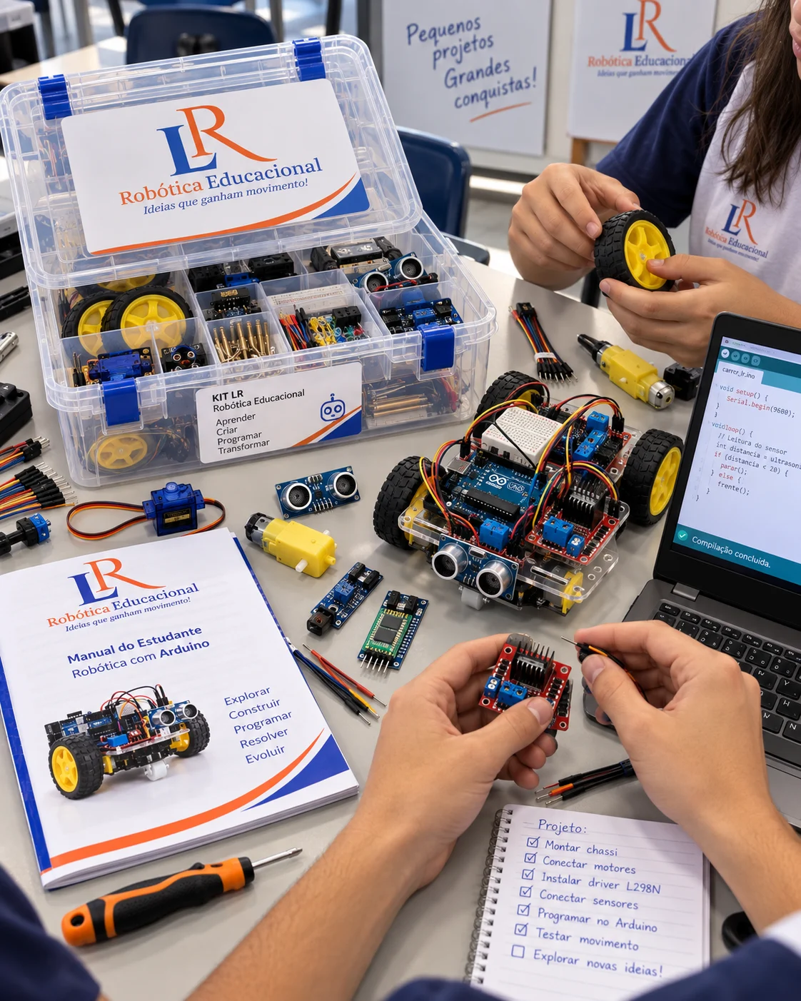 Kit educacional, componentes eletrônicos e protótipo Arduino utilizados no programa de robótica da LR